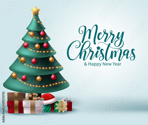 Merry christmas vector background design. Christmas greeting in white space for text with colorful elements like xmas tree, balls, lights and gift box for holiday season celebration. Vector 