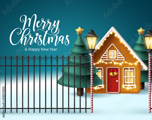 Merry christmas vector design. Christmas elements in house outdoor design with snow winter background and xmas tree for holiday season celebration. Vector illustration 
