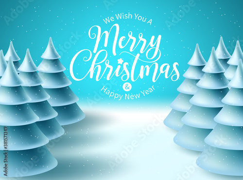 Merry christmas vector background design. Christmas greeting typography in snowy winter space for text with frozen fir tree elements for xmas holiday celebration. Vector illustration
