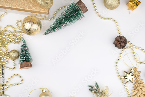 Christmas attributes, Christmas tree decor, gifts on the background of Golden bokeh, New year 2021 Flat Lay, copy space