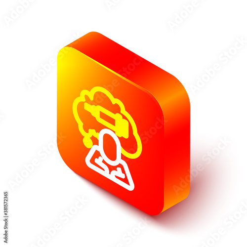 Isometric line Addiction to the drug icon isolated on white background. Heroin, narcotic, addiction, illegal. Sick junkie with a syringe and medical pills. Orange square button. Vector.