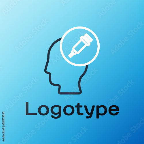 Line Addiction to the drug icon isolated on blue background. Heroin, narcotic, addiction, illegal. Sick junkie with a syringe and medical pills. Colorful outline concept. Vector.