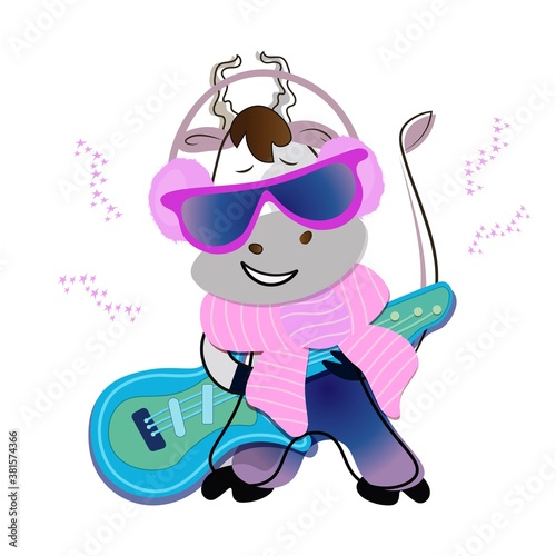Cute cool bull in glasses, in headphones, in a warm scarf plays the guitar.
Vector isolated illustration on white background.