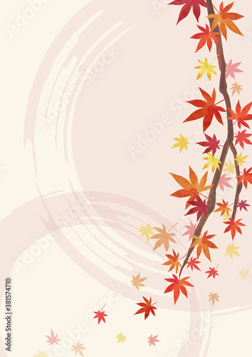 秋の背景素材 紅葉 もみじの枝 右に装飾 ベージュ背景（縦長 A3・A4比率）