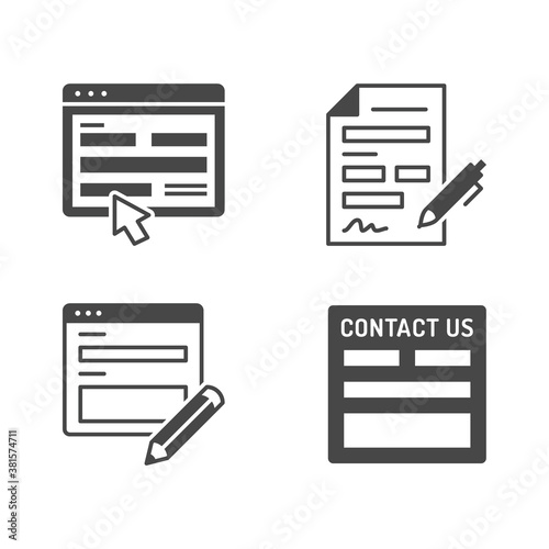 Contact us flat glyph icons. Vector illustration included icon as registration form, silhouette pictogram of web page with blank box and pencil