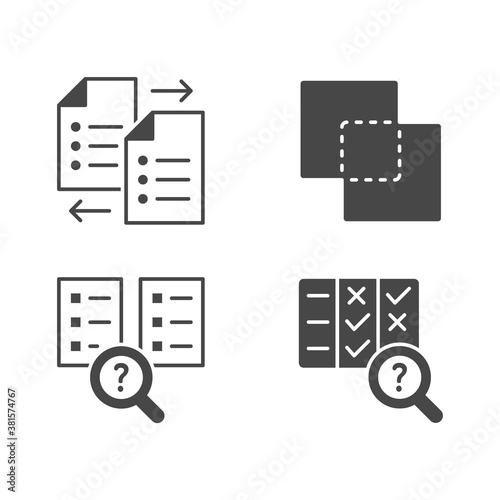 Comparison flat glyph icons. Vector illustration included icon as compare files, options, silhouette pictogram of price analysis photo