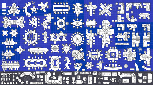 Set of modular office desks, interior layout of the cabinet. Floor plan, top view, collection of working tables, chairs, office furniture thin line icons for planning design project. Vector