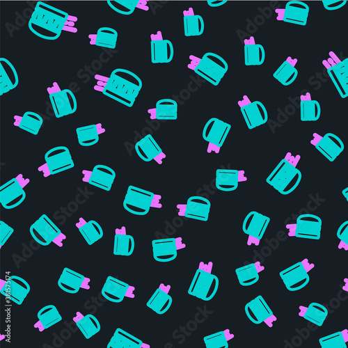 Line Online ordering and burger delivery icon isolated seamless pattern on black background. Vector.