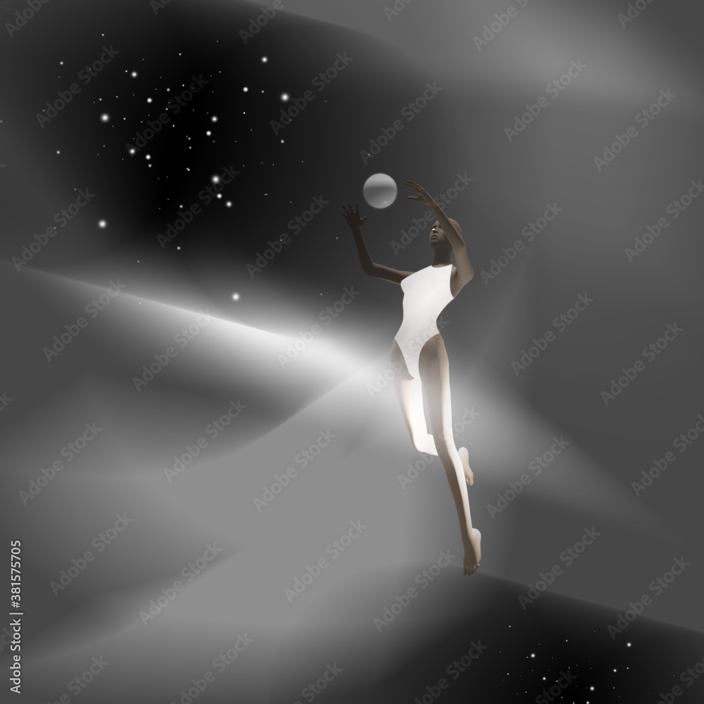 Illustrazione 3d di una donna che gioca a pallavolo nello spazio
