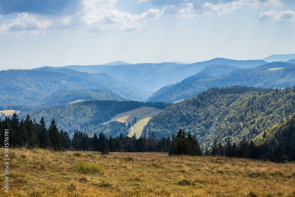 Mountains in the distance in the Black Forest of Germany on a summer day. 