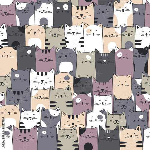 Seamless cats pattern. Hand drawn cartoon cats seamless background.