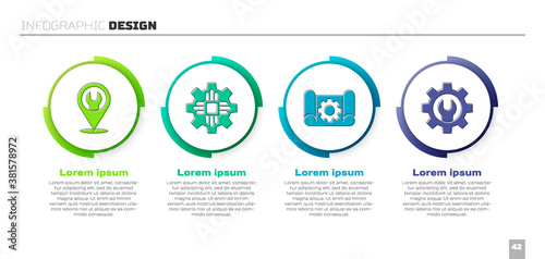 Set Location with wrench spanner, Processor, Graphing paper and gear and Wrench spanner and gear. Business infographic template. Vector. photo