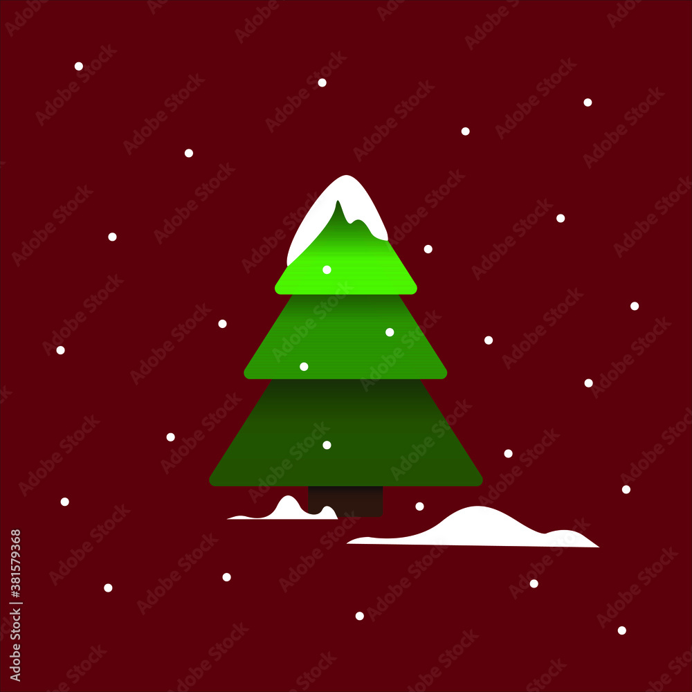 Single green Christmas tree in the winter forest. Snowfall, white snowflakes, snowdrifts and the symbol of the New Year and snow on a burgundy red background, minimalistic card, vector illustration. Single green Christmas tree in the winter forest. Snowfall, white snowflakes, snowdrifts and the symbol of the New Year and snow on a burgundy red background, minimalistic card, vector illustration.
