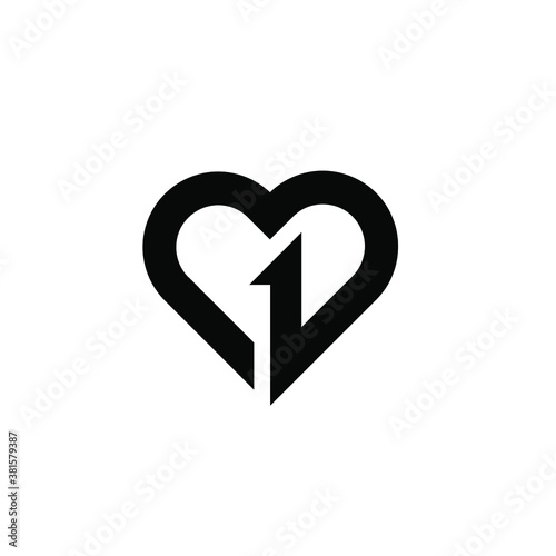 ONE heart letter logo black vector icon design isolated white background