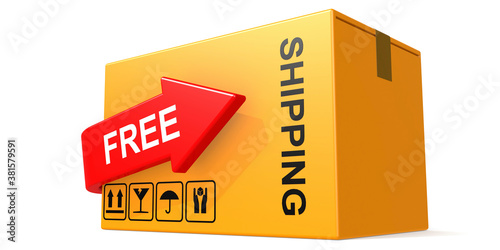 Free shipping text on the cardboard box isolated