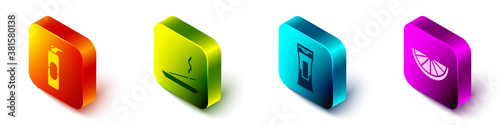 Set Isometric Spray can for hairspray, Scented spa stick, Bottle of shampoo and Citrus fruit icon. Vector.
