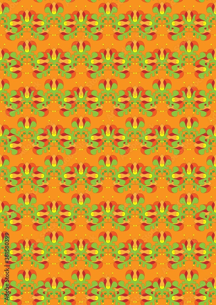 bright orange abstract cover. flowers on the lawn. children's fun print.
