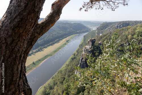 View to river Elbe from Bastei rocks in Saxony Switzerland. Germany 