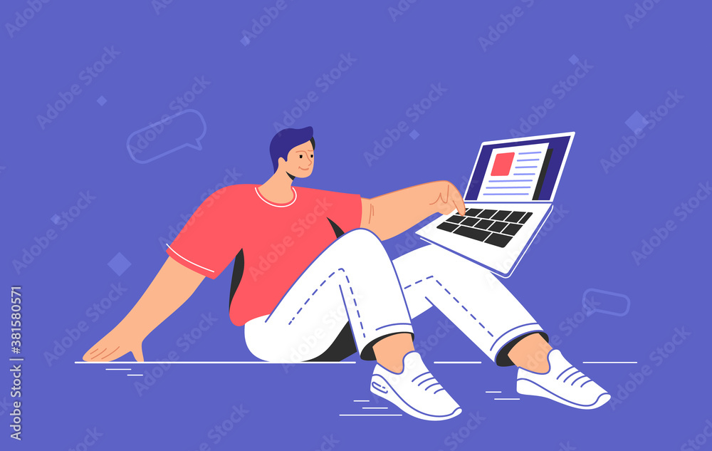 Working with laptop and typing text. Flat vector concept illustration of smiling man sitting on the floor with laptop and typing on keyboard to do a text document or fulfil online survey Working with laptop and typing text. Flat vector concept illustration of smiling man sitting on the floor with laptop and typing on keyboard to do a text document or fulfil online survey