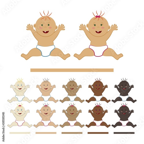 Vector character of a cheerful sitting baby with raised arms. Set of young boys and girls with colored skin, eyes and hair