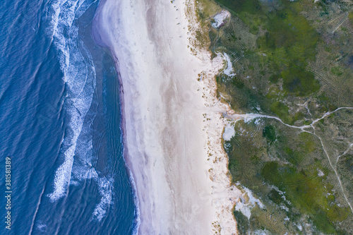 Blue ocean, beach and green dunes from above (Aerial)