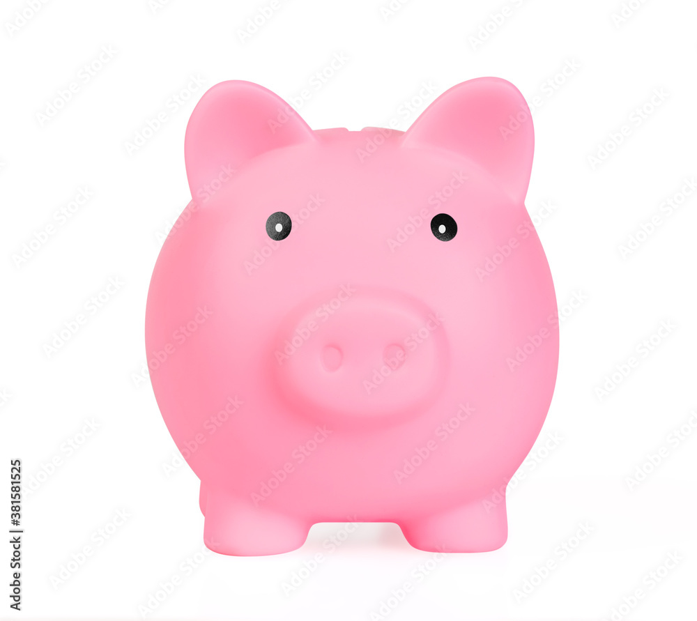 Pink piggy bank front view isolated on white