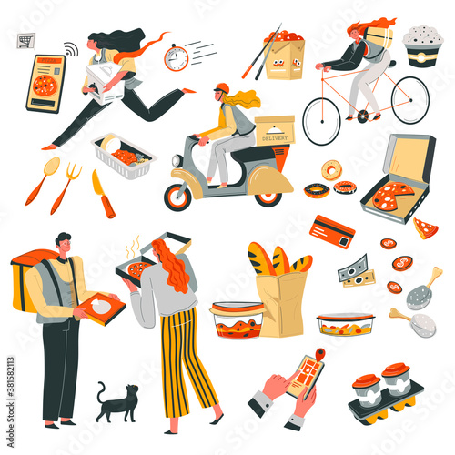 Quick food delivery in time, deliveryman with meal