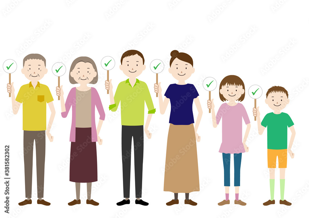 Illustration of a three generation family (grandfather, grandmother, father, mother, girl, boy set) with correct sign Illustration of a three generation family (grandfather, grandmother, father, mother, girl, boy set) with correct sign