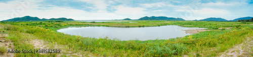 Panoramic view of pond in drought reservoir