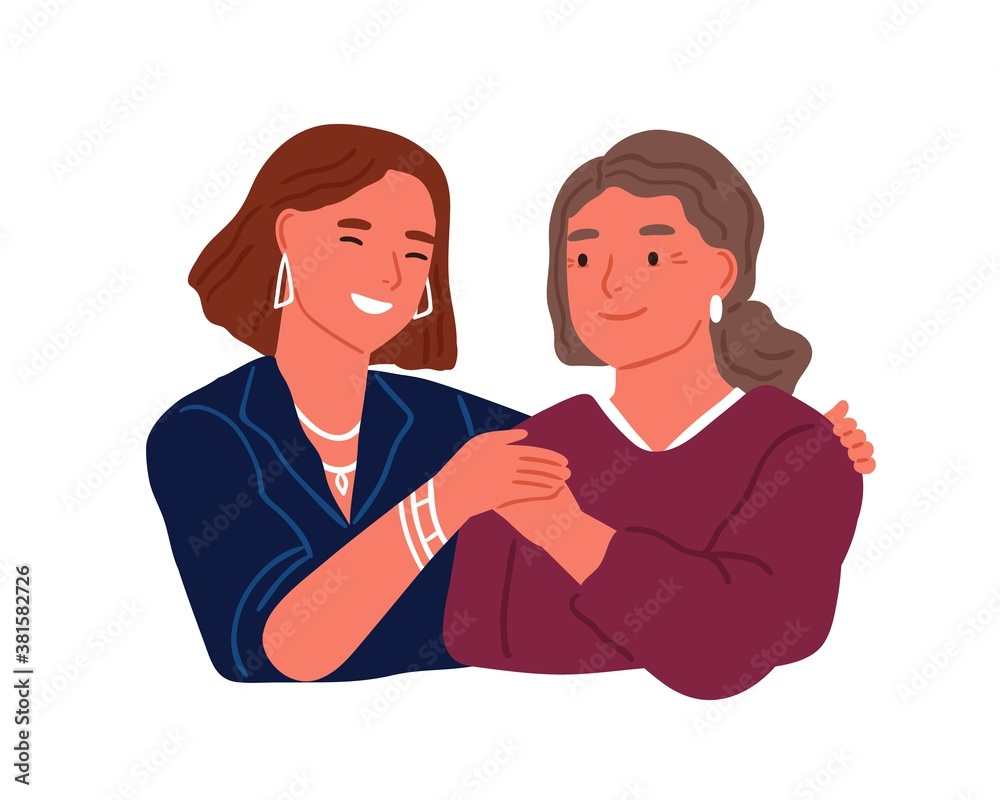 Happy adult daughter hugging old mother feeling love to each other vector flat illustration. Friendly family relationship isolated. Smiling trendy woman embracing aged female having positive emotion Happy adult daughter hugging old mother feeling love to each other vector flat illustration. Friendly family relationship isolated. Smiling trendy woman embracing aged female having positive emotion