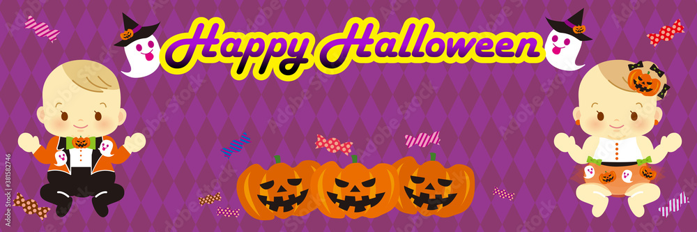 Fototapeta premium ハロウィン 背景 バナー素材 パープル イラスト＿07