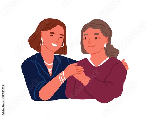 Happy adult daughter hugging old mother feeling love to each other vector flat illustration. Friendly family relationship isolated. Smiling trendy woman embracing aged female having positive emotion