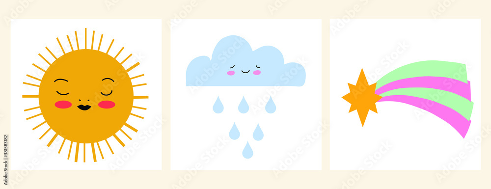Vector set. Cute cards with different emotions and moods. All elements are isolated. Flat design. Cartoon style.