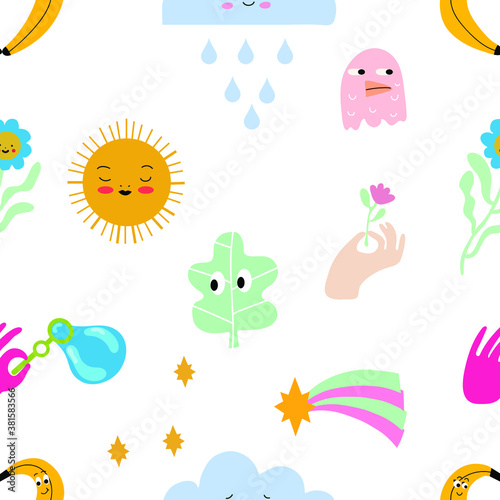 Seamless pattern and hand drawn texture. Different options for icons with emotions and moods. Vector flat illustration. Transparent background.