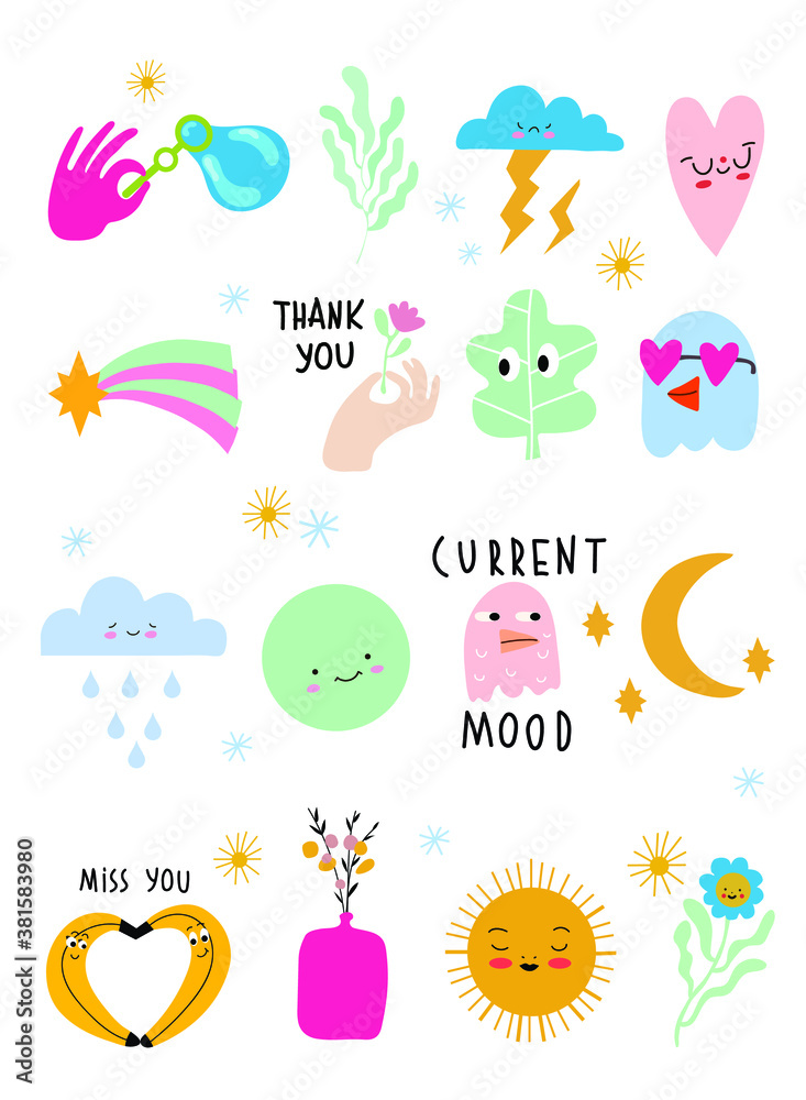 Seamless pattern and hand drawn texture. Different options for icons with emotions and moods. Vector flat illustration. Transparent background.