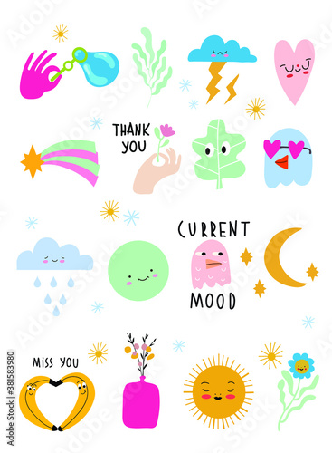 Seamless pattern and hand drawn texture. Different options for icons with emotions and moods. Vector flat illustration. Transparent background.