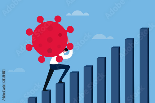 Conceptual illustration of a businessman carrying a big covid-19 virus on his shoulder and climbing up the business graph