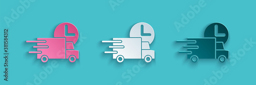Paper cut Fast round the clock delivery by car icon isolated on blue background. Paper art style. Vector.