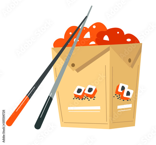 Asian food in package, noodles wok or sushi rolls