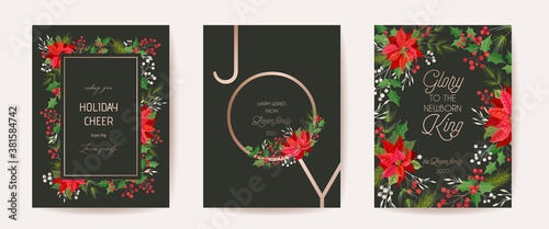 Poinsettia Vector Christmas Card, Floral Happy New Year 2021 Illustration, Pine Branches, Holly Berry, Mistletoe