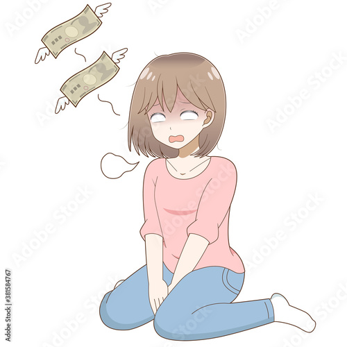 座り込んで絶望する女性と飛んでいくお金