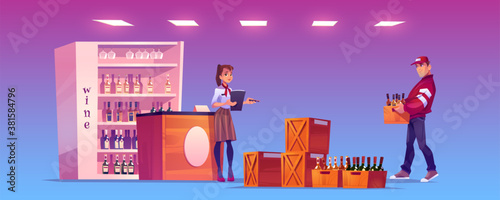 Goods delivery, distribution cartoon banner. Woman customer, owner of alcohol store signing documents to confirm receiving of freight order from provider or logistics company, vector web banner