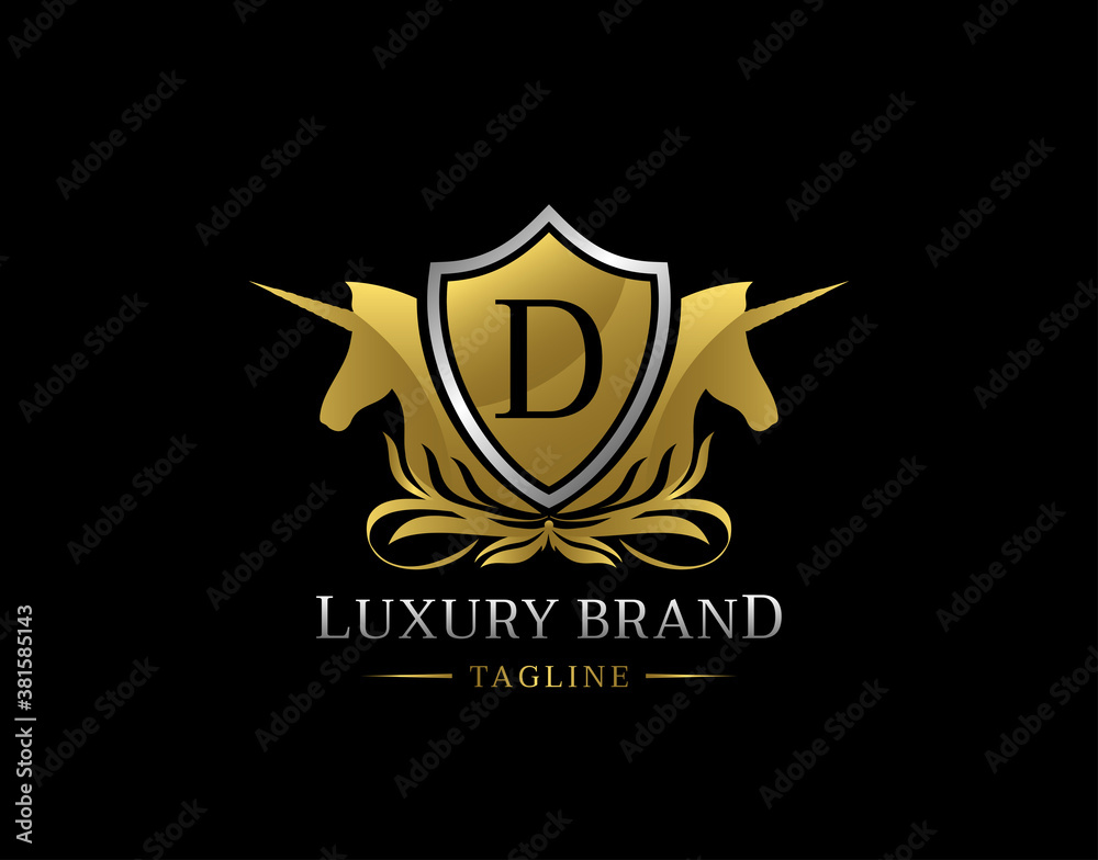 Royal Unicorn Logo With D Letter. Elegant Gold Shield badge design for Royalty, Letter Stamp, Boutique, Hotel, Heraldic, Jewelry, Wedding. Royal Unicorn Logo With D Letter. Elegant Gold Shield badge design for Royalty, Letter Stamp, Boutique, Hotel, Heraldic, Jewelry, Wedding.