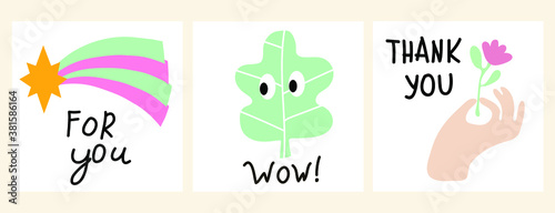 Vector set. Cute cards with different emotions and moods. All elements are isolated. Flat design. Cartoon style.