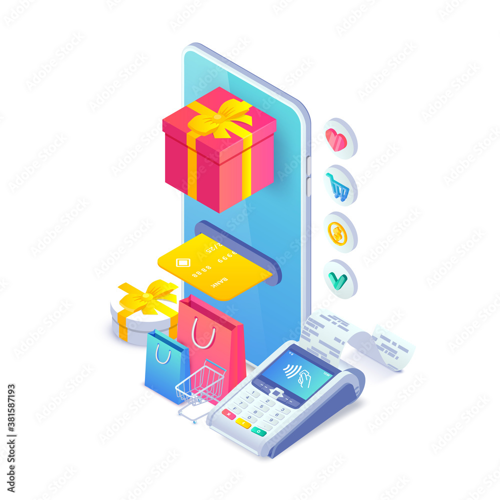 Loyalty program isometric concept. 3d vector smartphone with gift box, credit cart, shopping bags and pos terminal. Online store discount service illustration for web, mobile app, infgraphics, advert Loyalty program isometric concept. 3d vector smartphone with gift box, credit cart, shopping bags and pos terminal. Online store discount service illustration for web, mobile app, infgraphics, advert