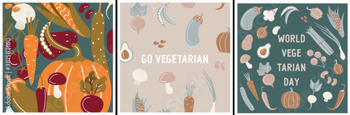 World Vegetarian Day. Hello, autumn. Set of vector greeting cards with vegetables, herbs and mushrooms. Autumn harvest and vegetable garden. Avocado, pumpkin, asparagus, radish, beetroot. Go vegan.