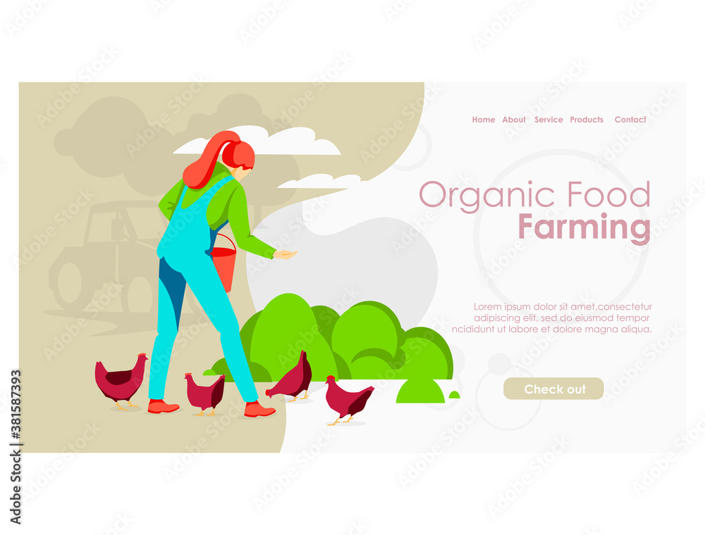 Organic food farming landing page. Woman farmer feeding chickens and taking care of poultry on farmyard. Eco farming, aviculture and agricultural industry website, homepage flat vector illustration