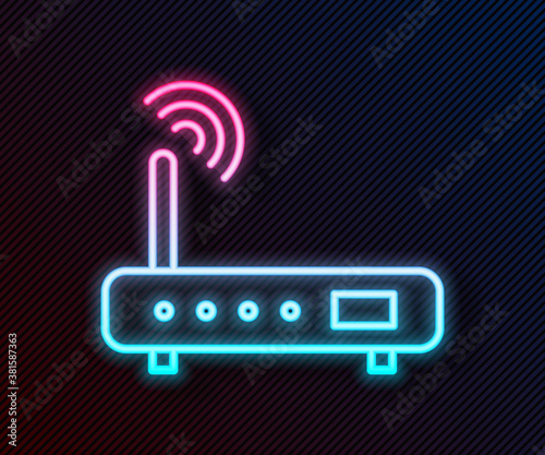 Glowing neon line Router and wi-fi signal icon isolated on black background. Wireless ethernet modem router. Computer technology internet. Vector Illustration.