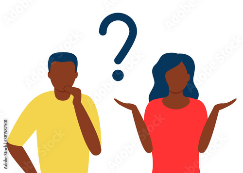 Abstract black man and woman with question mark. People solve problem, choose solution. Concept of dispute, conflict, deadlock. People asks questions. Think, trouble, worried, confused human. Vector