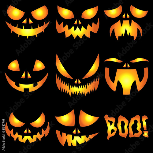 Vector spooky glowing face isolated on dark background. Halloween pumpkin carving faces set. Scary eyes and mouth. Emojis for your celebration design. Vector Art Illustration.